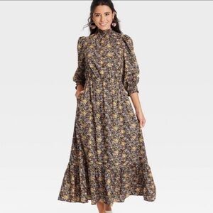 Universal Thread Women's Medium Floral Puff Sleeve Peasant Maxi Dress Mock Neck